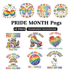 Peut inclure: Une collection de designs graphiques numériques présentant des illustrations sur le thème de l'arc-en-ciel, incluant des cerises, un papillon, un champignon, un raton laveur, un patin à roulettes, un cœur floral et une oie, avec le texte PRIDE MONTH Pngs.