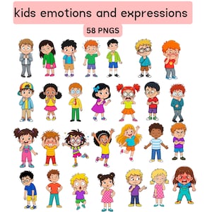 May include: A digital collection of 58 PNG illustrations titled kids emotions and expressions, featuring diverse cartoon children displaying various feelings including happiness, sadness, anger, surprise, and confusion in colorful outfits.