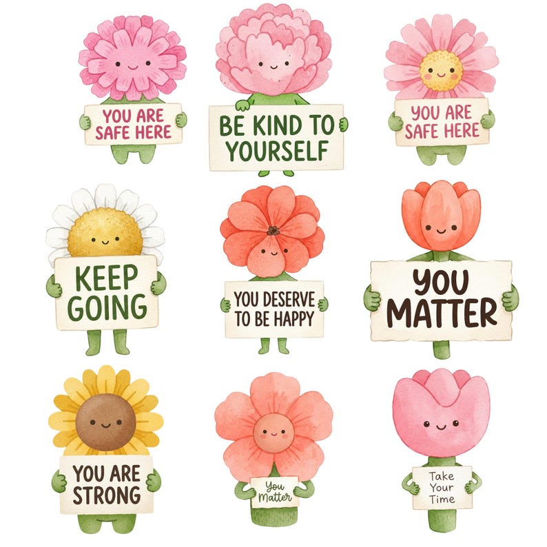 Op de afbeelding: Een verzameling van negen bloemfiguren in aquarel-stijl met lachende gezichten, elk met een bordje met positieve boodschappen zoals You Are Safe Here, Be Kind To Yourself, Keep Going, You Deserve To Be Happy, You Matter, You Are Strong en Take Your Time.
