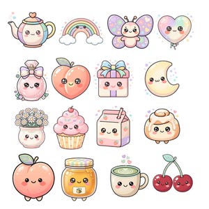 Op de afbeelding: Een verzameling van zestien pastelkleurige stickers met schattige karakters met lachende gezichtjes. De set bevat een theepot, regenboog, vlinder, hartvormige ballon, parfumflesje, perzik, cadeau, maan, bloempot, cupcake, melkpak, kaneelbroodje, honingpot en kersen.