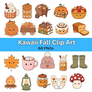 May include: A collection of digital illustrations featuring autumn-themed items with smiling faces, including pumpkins, mugs, a wheelbarrow, books, a cinnamon roll, bread, a maple leaf, a beanie, boots, a lantern, honey, mittens, and a mushroom.