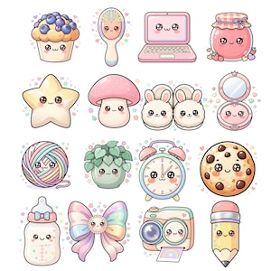 Op de afbeelding: Een verzameling van zestien stickers in kawaii-stijl met een bosbessenmuffin, haarborstel, laptop, jampot, ster, paddenstoel, konijnenslippers, compacte spiegel, bol wol, kamerplant, wekker, koekje, babyfles, strik, camera en een potlood.