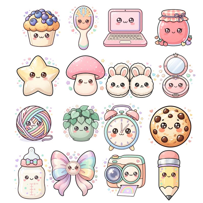 Op de afbeelding: Een verzameling van zestien stickers in kawaii-stijl met een bosbessenmuffin, haarborstel, laptop, jampot, ster, paddenstoel, konijnenslippers, compacte spiegel, bol wol, kamerplant, wekker, koekje, babyfles, strik, camera en een potlood.