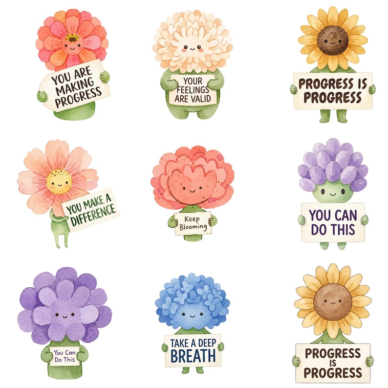 Op de afbeelding: Een set van negen aquarel-stijl illustraties van antropomorfe bloemen met lachende gezichten, elk met een bordje met positieve teksten zoals You Are Making Progress, Your Feelings Are Valid en Progress Is Progress.
