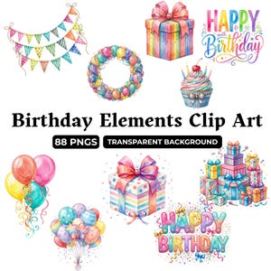 Birthday Elements-bundel 88, afdrukbare partij clipart, balloncake confetti digitale download