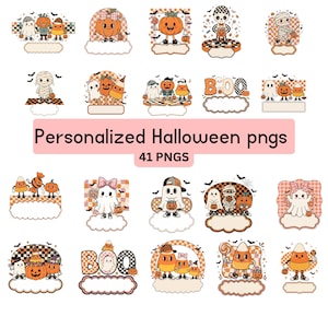 Op de afbeelding: Een verzameling van 41 digitale grafische ontwerpen met Halloween-figuren zoals geesten, pompoenen, mummies en maissnoepjes met ruitpatronen en lege labels voor personalisatie, gelabeld Personalized Halloween pngs 41 PNGS.