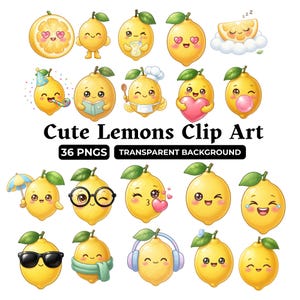 Kawaii Lemon Clipart Bundle 36 PNG Cute Fruit Characters for Sublimation Tumbler Shirt Kids Stickers Digital Download Transparent Background