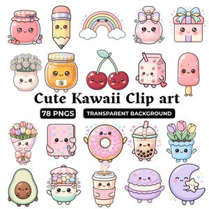 May include: A collection of 78 digital clip art images featuring kawaii-style characters including a jam jar, pencil, rainbow, perfume bottle, gift box, flowers, cherries, milk carton, popsicle, donut, boba tea, avocado, and moon with text Cute Kawaii Clip art.