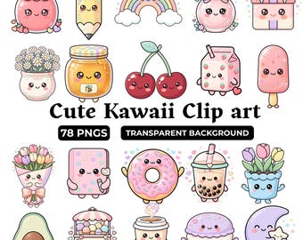 Op de afbeelding: Een verzameling van 78 digitale clip art afbeeldingen met kawaii-stijl karakters, waaronder een jampot, potlood, regenboog, parfumflesje, cadeau, bloemen, kersen, melkpak, ijsje, donut, boba thee, avocado en maan met de tekst Cute Kawaii Clip art.