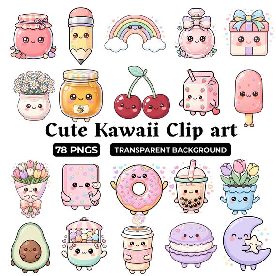 Kawaii Clipart PNG Bundle, 78 Pastel Object Designs for Planner Stickers, Journaling, and Scrapbooking