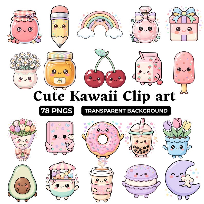 Op de afbeelding: Een verzameling van 78 digitale clip art afbeeldingen met kawaii-stijl karakters, waaronder een jampot, potlood, regenboog, parfumflesje, cadeau, bloemen, kersen, melkpak, ijsje, donut, boba thee, avocado en maan met de tekst Cute Kawaii Clip art.