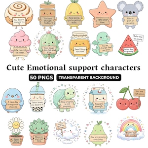 Imagens PNG de personagens kawaii para apoio emocional, afirmações positivas (download digital)