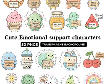 Kawaii emotionele steun tekens png-clipart, positieve affirmaties (digitale download)