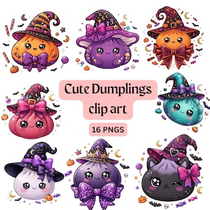 Puede incluir: Una colección de ilustraciones digitales de dumplings adorables con sombreros de bruja y lazos, con el texto Cute Dumplings clip art 16 PNGS. Los personajes son de color naranja, morado, rosa, turquesa y blanco, decorados con estrellas y lunas.