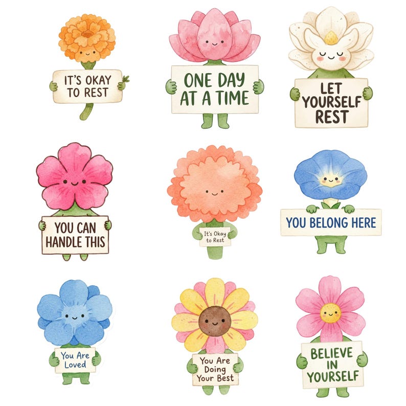 Op de afbeelding: Een verzameling van negen aquarel-stijl bloemillustraties, elk met een lachend gezicht en een bordje met positieve tekst, waaronder: IT'S OKAY TO REST, ONE DAY AT A TIME, LET YOURSELF REST, YOU CAN HANDLE THIS, YOU BELONG HERE, YOU ARE LOVED, YOU ARE DOING YOUR BEST en BELIEVE IN YOURSELF.