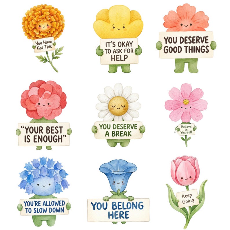 Op de afbeelding: Een set van negen bloemfiguren in aquarel-stijl met lachende gezichten, elk met een bordje met positieve boodschappen zoals You Have Got This, It's Okay To Ask For Help, You Deserve Good Things, Your Best Is Enough en You Belong Here.