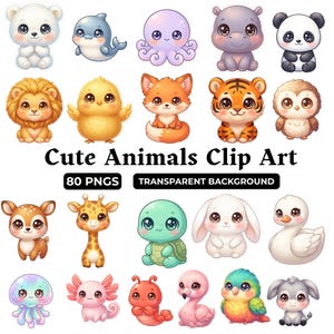 Op de afbeelding: Een verzameling digitale clip art met diverse getekende dieren, waaronder een ijsbeer, dolfijn, octopus, nijlpaard, panda, leeuw, kuiken, vos, tijger, uil, hert, giraf, schildpad, konijn, zwaan, kwal, axolotl, krab, flamingo, papegaai en ezel.