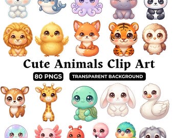 Op de afbeelding: Een verzameling digitale clip art met diverse getekende dieren, waaronder een ijsbeer, dolfijn, octopus, nijlpaard, panda, leeuw, kuiken, vos, tijger, uil, hert, giraf, schildpad, konijn, zwaan, kwal, axolotl, krab, flamingo, papegaai en ezel.