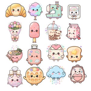 Op de afbeelding: Een verzameling van zestien kawaii-stickers met antropomorfe objecten, waaronder een croissant, suikerspin, naaimachine, camera, bloemenboeket, ijsje, bubble tea, aardbeienmelk, ramen, koffer, envelop, toast, parfum, wafel, wolk en rugzak.