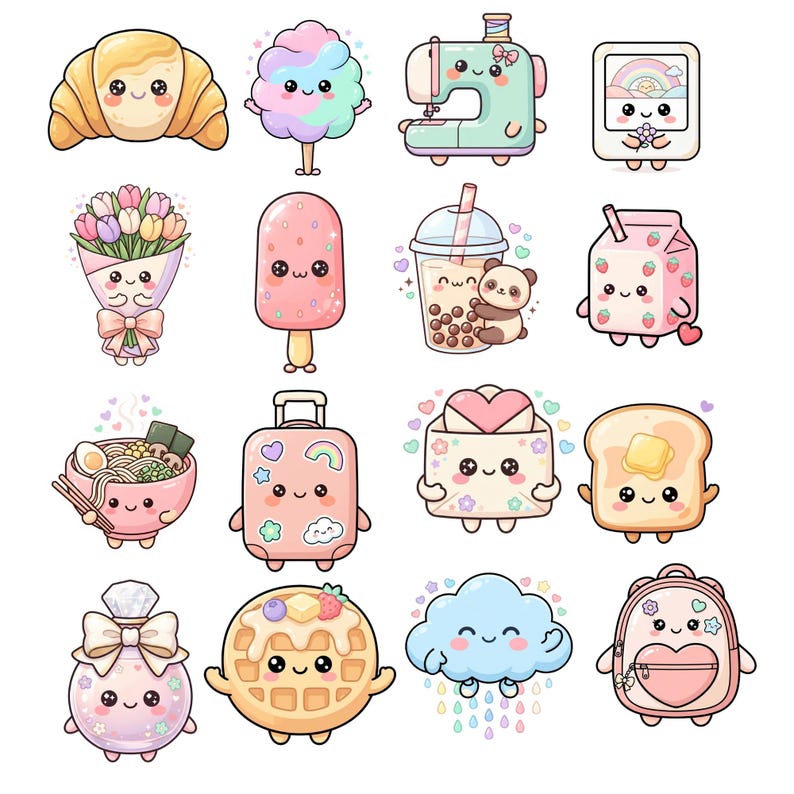Op de afbeelding: Een verzameling van zestien kawaii-stickers met antropomorfe objecten, waaronder een croissant, suikerspin, naaimachine, camera, bloemenboeket, ijsje, bubble tea, aardbeienmelk, ramen, koffer, envelop, toast, parfum, wafel, wolk en rugzak.