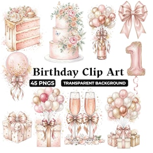 Roze en gouden verjaardagsclipart PNG-bundel, 45 taart- en ballonontwerpen, direct te downloaden