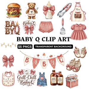 Op de afbeelding: Een digitale collectie Baby Q clip art met een burger, een teddybeer, een babyfles, een tang, een Mom-schort, rood-wit geblokte patronen, Baby Q-tekst, slingers, babyschoentjes, een slabbetje, tuinbroeken, sausflessen en een koelbox met drankjes.
