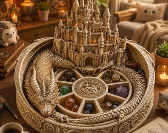 Organizador Castillo del Dragón STL / Torre de Dados de Fantasía STL / Bandeja de Almacenamiento de Dragón / Organizador de DnD STL / Organizador Castillo del Dragón STL para Dados