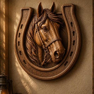 May include: A brown wooden wall plaque featuring a high-relief carving of a horse head centred within a horseshoe shape. The horse is depicted with a detailed mane and a bridle with a chain element. The piece has a rich, dark wood grain finish.