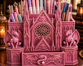 Organizador Castillo del Dragón STL, Organizador de Escritorio Gótico Archivo de Impresión 3D, Caja de Almacenamiento de Dragón Fantástico Modelo STL Descarga Digital