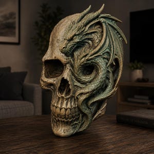 Drakskalle STL-fil, fantasyskalle 3D-utskriftsmodell, gotisk drakeskulptur, detaljerad varelseskalledekor, mörk fantasy digital nedladdning