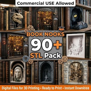 Puede incluir: Una colección de rincones de libros, cada uno diseñado para encajar entre los libros de una estantería. La imagen incluye varios temas, como un dinosaurio, un gato y un interior de tienda. El texto de la imagen dice "Book Nooks 90+ STL Pack" y "Commercial USE Allowed".