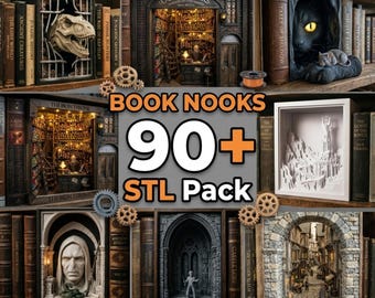 Puede incluir: Una colección de rincones de libros, cada uno diseñado para encajar entre los libros de una estantería. La imagen incluye varios temas, como un dinosaurio, un gato y un interior de tienda. El texto de la imagen dice "Book Nooks 90+ STL Pack" y "Commercial USE Allowed".