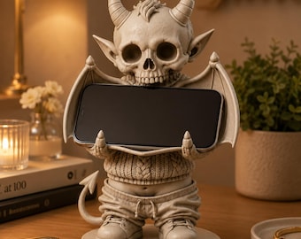 Soporte para teléfono con forma de calavera de demonio (archivo STL), soporte de escritorio gótico para impresión 3D, base para smartphone con esqueleto de diablo, modelo STL de decoración fantástica.