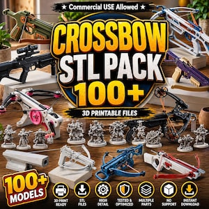 May include: An assortment of 3D-printed crossbow models in various colors, including green, white, blue, and black. The image features the text "CROSSBOW STL PACK 100+ 3D PRINTABLE FILES" and icons indicating 3D print readiness, STL files, high detail, and instant download.