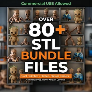 May include: A display of various Groot figurines, planters, statues, and holders, arranged on shelves. The image features the text "OVER 80+ STL BUNDLE FILES" and "Groot Collection." The phrase "Commercial USE Allowed" is also visible.