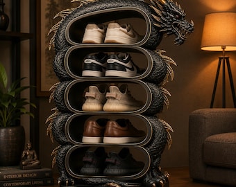 Modelo STL de estante para zapatos con forma de dragón, archivo de impresión 3D para estante de zapatillas con diseño de dragón fantástico, descarga del archivo STL de organizador de almacenamiento con diseño de dragón gótico