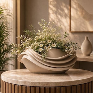 May include: A beige, sculptural ceramic vase filled with white flowers and greenery. The vase has a unique, wave-like design and sits on a round, marble-topped table. A decorative vase and a framed artwork are in the background.