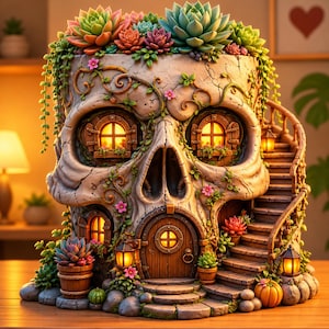 May include: A decorative skull-shaped planter featuring a house design with illuminated windows, a central arched wooden door, and a winding stone staircase. The top is filled with colorful succulents, and the structure is adorned with vines, small pink flowers, and lanterns.