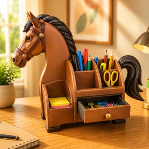 May include: A brown horse-shaped desk organizer with a drawer and compartments for pens, pencils, and sticky notes. The horse has a black mane and tail, and a leather bridle. The drawer is open, revealing colorful paper clips.