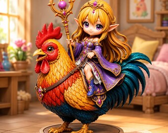 STL de jinete de gallo, STL de elfo fantástico montando un gallo, STL de figura de mago chibi, archivo de impresión 3D de personaje fantástico lindo, STL de anime