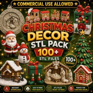 Op de afbeelding: Een digitale collectie van 3D-printbare STL-bestanden voor kerstdecoratie, met een peperkoektrein, een kerstmanfiguur, een sneeuwpop, een kerststal, een versierde kerstboom, een besneeuwd huisje en een cadeau met elfjesbenen.