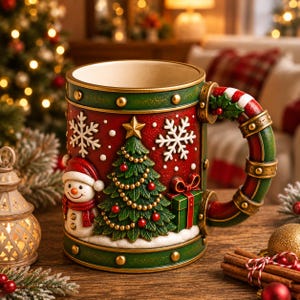 May include: A ceramic Christmas mug featuring a red textured body with a raised snowman, a decorated green pine tree, and white snowflakes. The handle is shaped like a candy cane with gold-colored bands, and the rim has a green border.