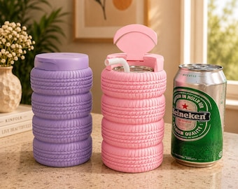 Enfriador de latas de neumático STL, soporte para bebidas con forma de neumático de coche (archivo para impresión 3D), enfriador de latas de refresco con pajita, decoración de garaje (archivo digital STL)