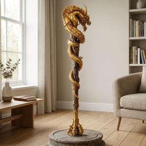 May include: A golden dragon sculpture wrapped around a wooden staff. The dragon's head is at the top, with its body spiraling down. The base is a stone-like pedestal. The sculpture is a decorative item.
