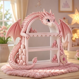 May include: A pink dragon-themed display shelf featuring three tiers, sculpted dragon wings, a curved tail, and crystal accents. The structure includes a small shield emblem with a central pink gem on the side, providing a decorative storage unit.