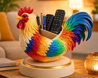 Soporte para control remoto con gallo arcoíris STL, organizador de pollo STL, organizador de escritorio estilo granja, soporte para control remoto impreso en 3D, decoración de gallo STL