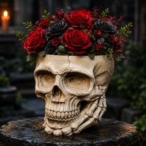 File STL per fioriera a forma di teschio, modello 3D per stampa di vasi da fiori gotici, porta piante grasse a forma di teschio, scultura decorativa dark, download digitale.