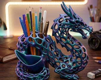 Archivo STL de portalápices de dragón, organizador de escritorio de dragón de fantasía, modelo para impresión 3D, portalápices de dragón STL, decoración de escritorio gótica, organizador de oficina de dragón