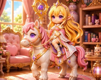 Jinete de fantasía STL, Princesa elfa chibi STL, Lindo jinete de poni Archivo de impresión 3D, Figura de fantasía anime STL, Personaje mágico STL