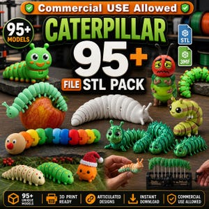 Caterpillar STL-paket med 95+ modeller | Flexi Caterpillar 3D-utskriftspaket | Ledad insekt STL | Söt insektsleksak STL-filer för kommersiellt bruk